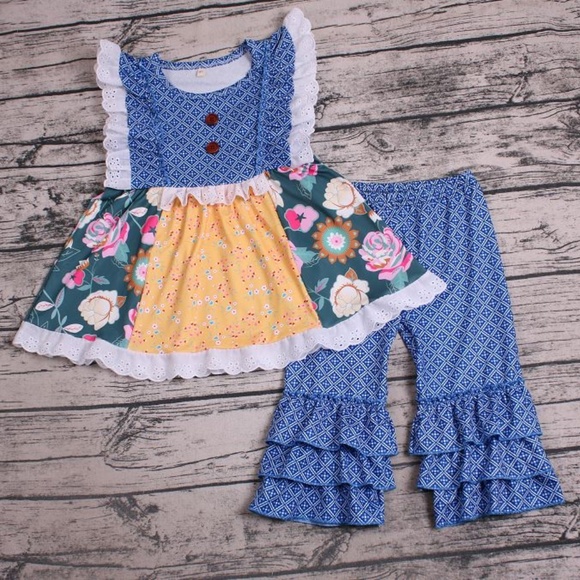 Other - Girls Blue and Yellow Floral Layered Pants Outfit